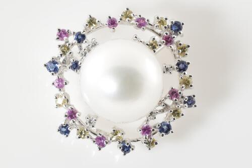 Pearl, Sapphire and Diamond Brooch/ Pendant