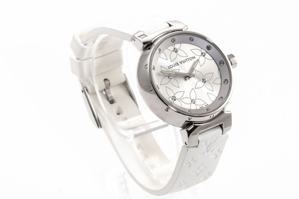 Louis Vuitton White Stainless Steel Tambour Lovely Women's Wristwatch 34 MM  at 1stDibs