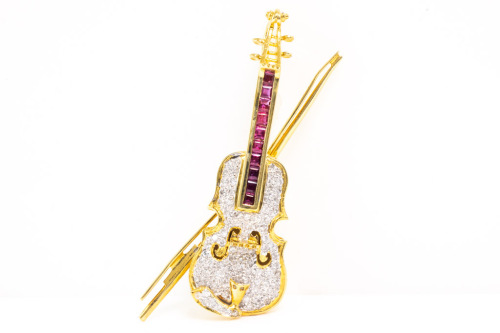 Ruby and Diamond Violin Brooch