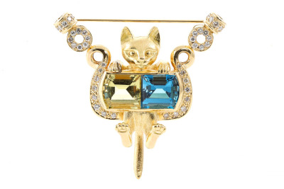 Quartz, Topaz and Diamond Cat Brooch