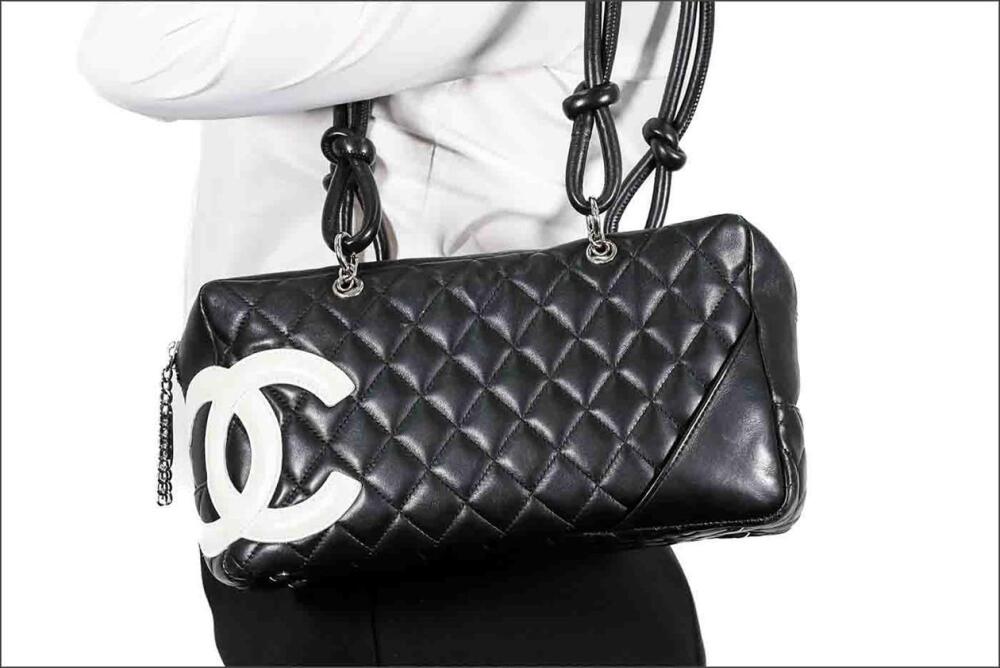 Chanel White/Black Quilted Leather Cambon Ligne Bowler Bag at 1stDibs