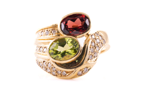 Garnet, Peridot and Diamond Ring