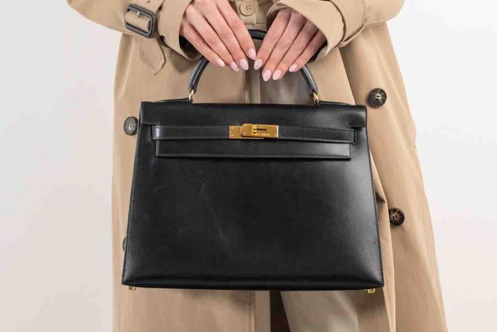 Vintage Hermes Kelly 32 From 1988 in Black Box Leather