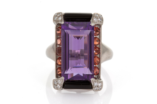 10.26ct Amethyst, Onyx and Diamond Ring