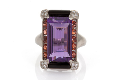 10.26ct Amethyst, Onyx and Diamond Ring