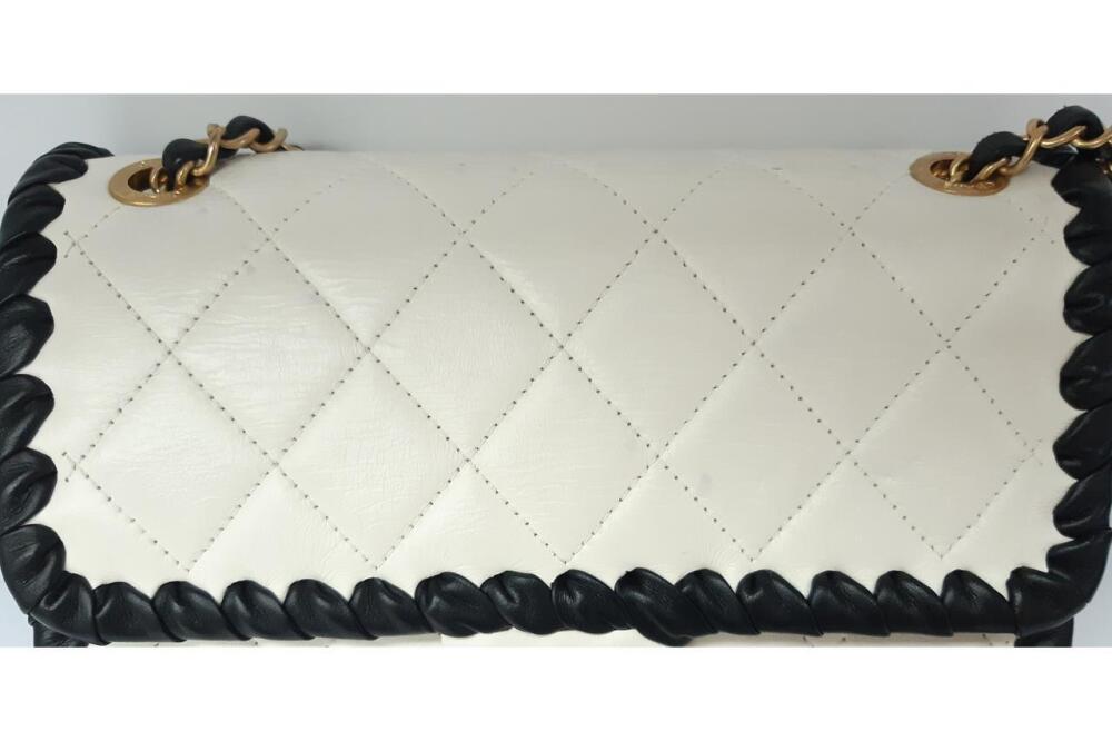 Chanel White And Black Quilted Lambskin Braided Edge Mini Flap Bag