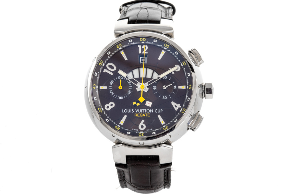 Sold at Auction: A Louis Vuitton Tambour Regatta Navy Men's Quartz  Chronograph Watch. Black LV rubber strap. Stainless steel case - 44mm. Blue  dial with two sub dials. Very good condition. New