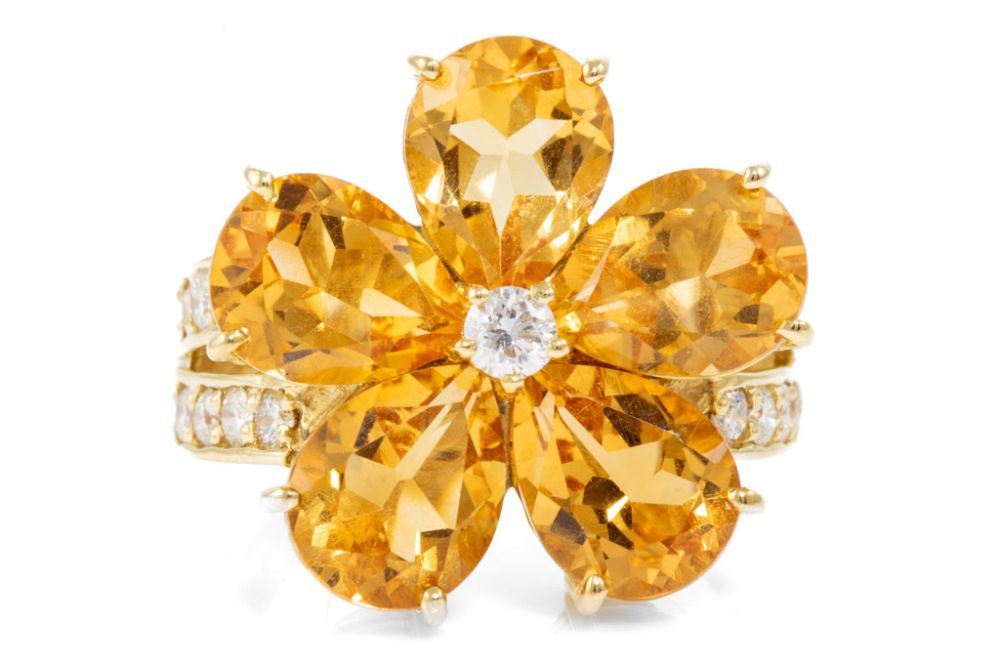 18 Karat Yellow & White Gold Carved Citrine Flower with Diamond Ring - S &  K Ltd. | White gold rings, Rings jewelry simple, White gold