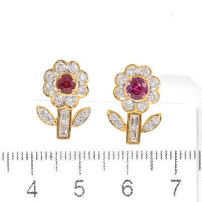 Ruby & Diamond Flower Design Earrings - 2