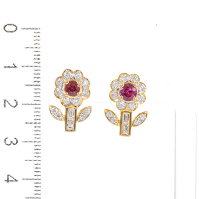 Ruby & Diamond Flower Design Earrings - 3