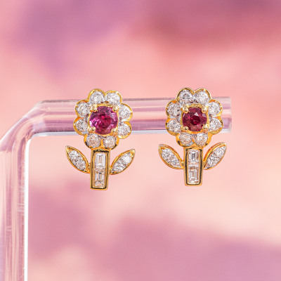 Ruby & Diamond Flower Design Earrings - 5